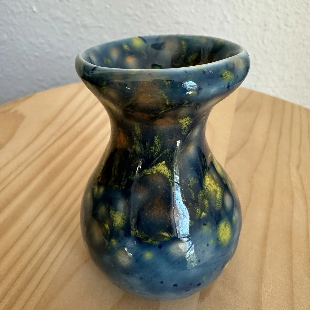 Vintage‎ Artisan Pottery 2 Inch Mini Vase Handcrafted Arizona Blue Yellow Mottle